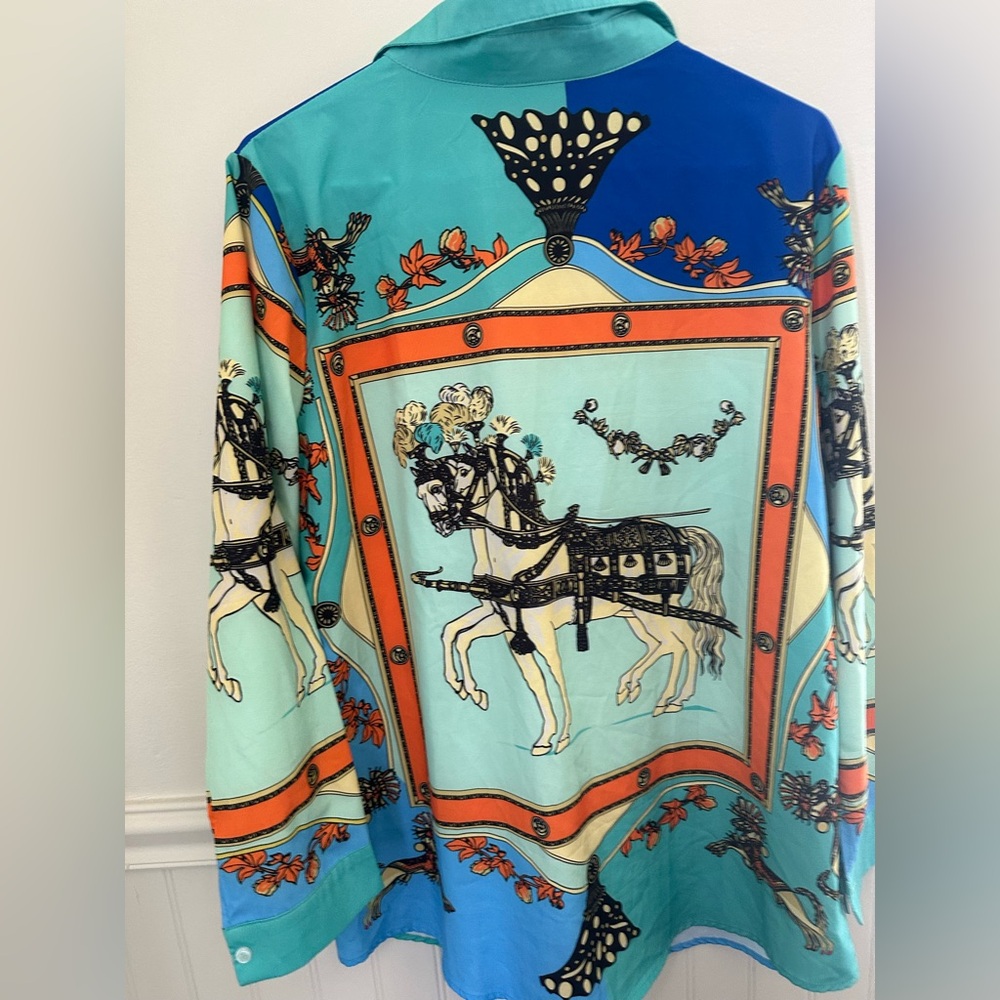 Amberger designer Vibrant Horse Print Blouse in Green and Blue - Picture 5 of 8